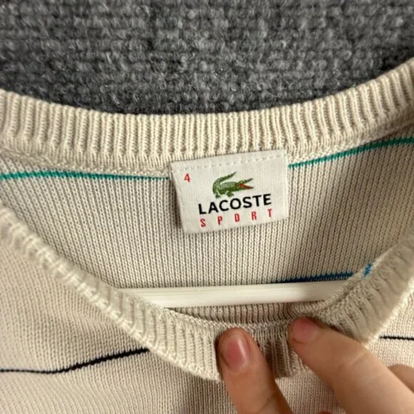 Lacoste Men Sweater Knit Croc Logo Striped Off White Casual Size 4 Medium Adult - Picture 8 of 16